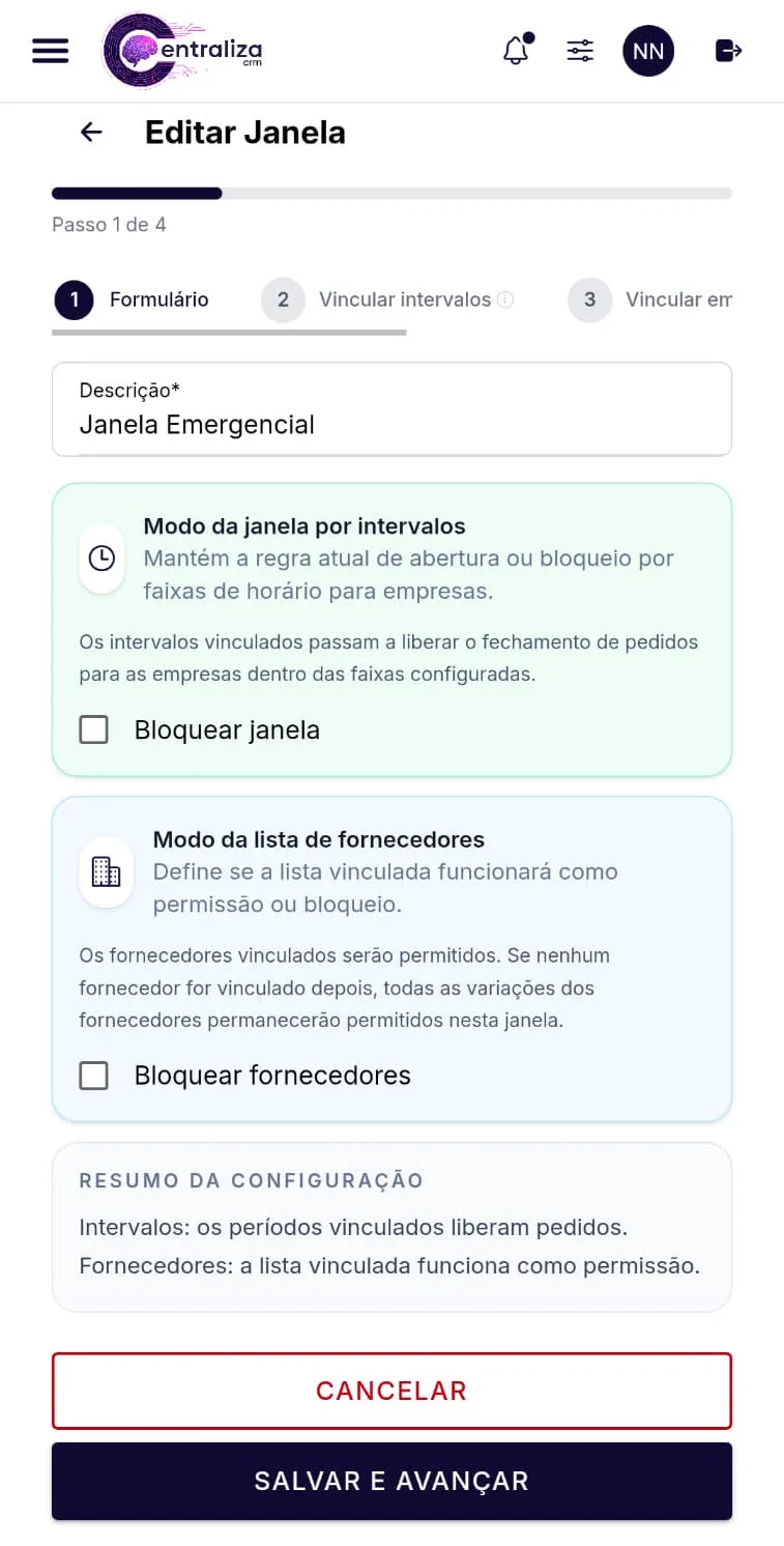 Tela "Editar Janela" no celular com descrição "Janela Emergencial", modo da janela por intervalos de horário e modo da lista de fornecedores como permissão ou bloqueio
