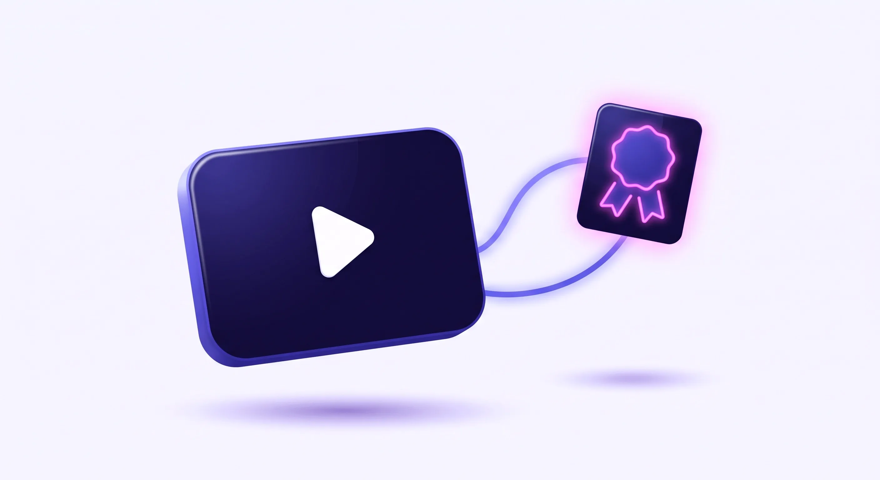 Ilustração de um player de vídeo flutuando, ligado por um traço a um cartão com um selo de certificação
