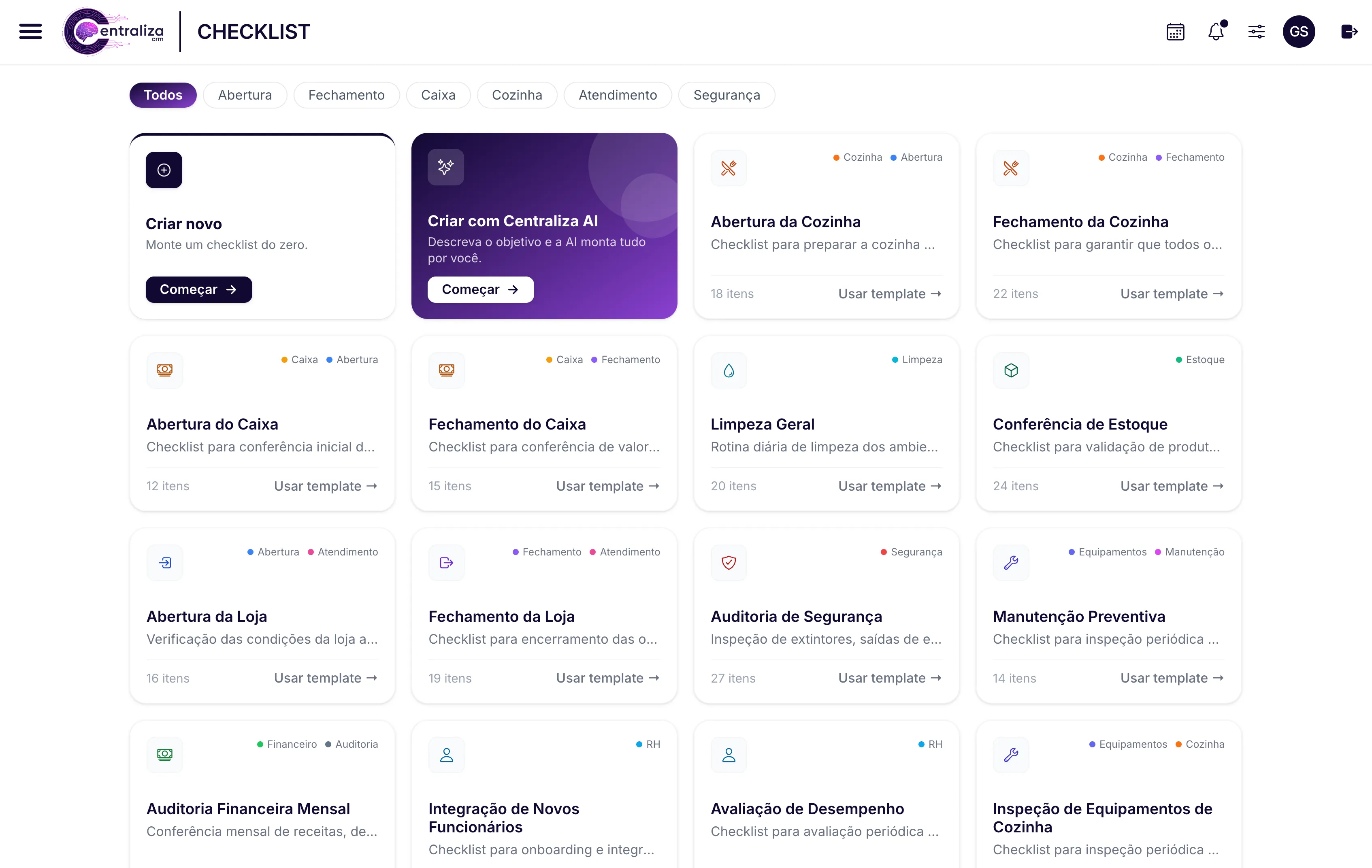 Tela "Adicionar Checklist" com as opções de criar do zero, criar com a Centraliza IA e os modelos por categoria
