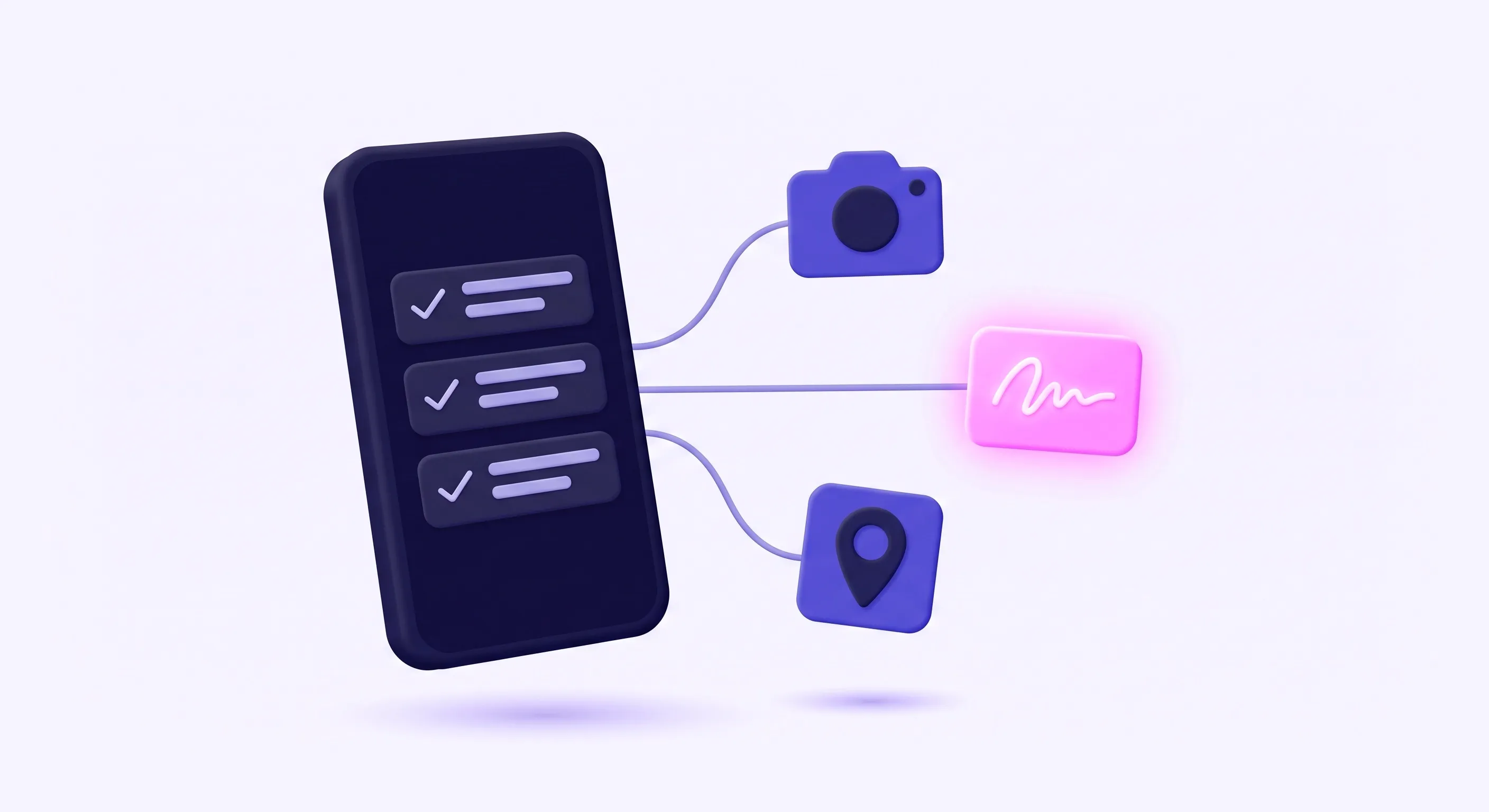 Ilustração de um celular com três itens marcados numa lista, ligado a uma câmera, a um marcador de local e a uma assinatura