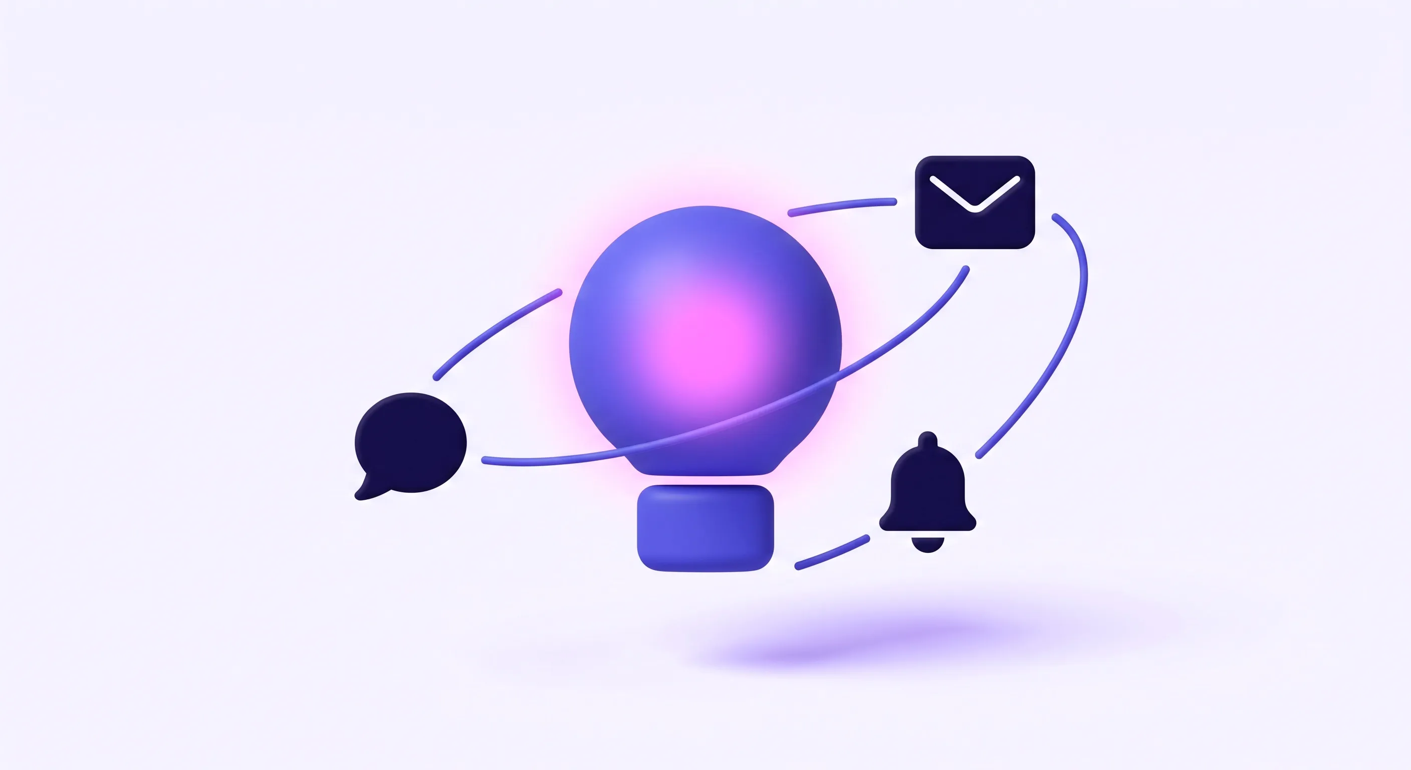 Ilustração de uma esfera luminosa em órbita, cercada por um balão de conversa, um envelope e um sino